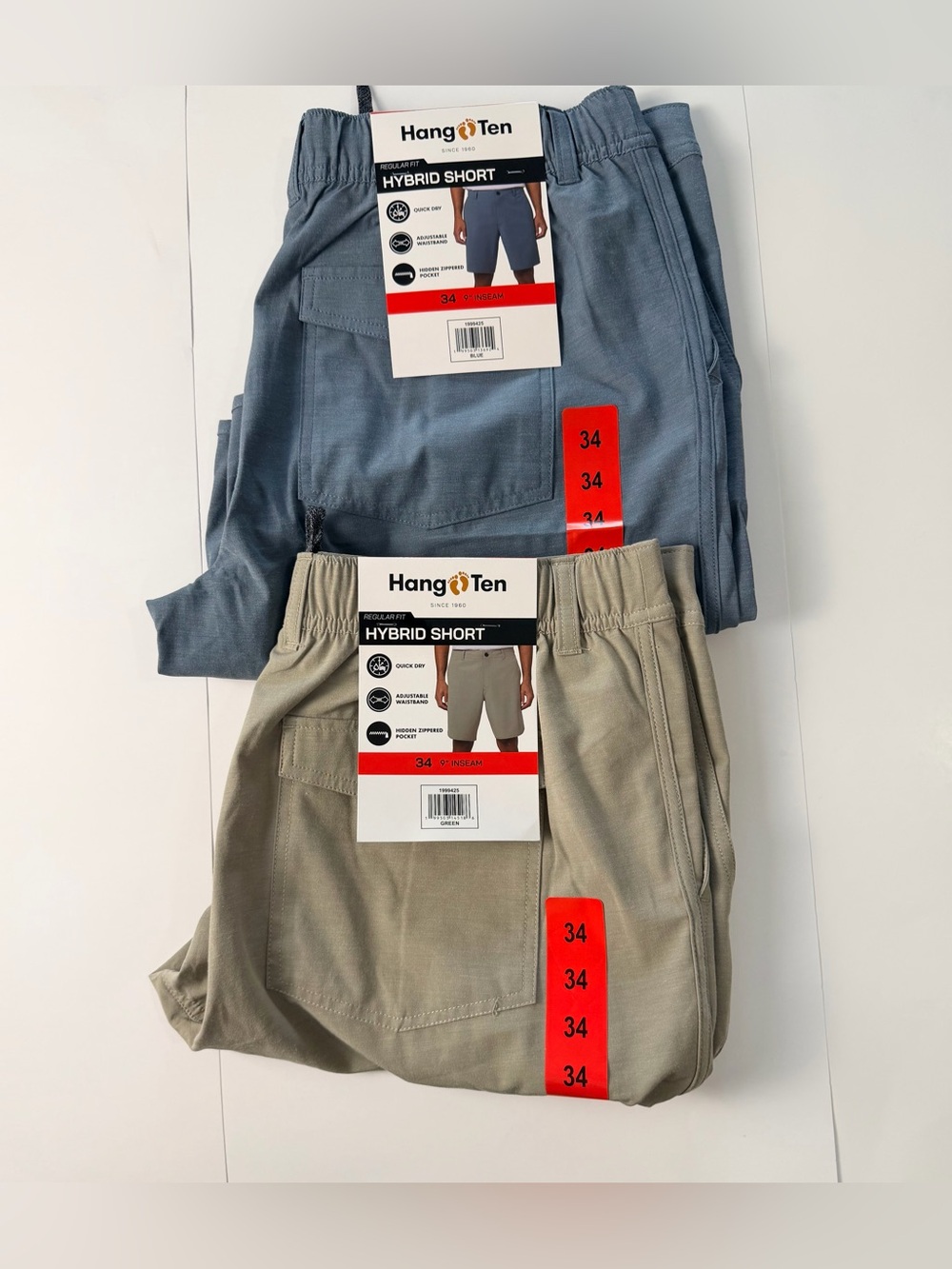 Hang Ten Men’s Hybrid Shorts 2-Pack Size 34 Blue Green 9” Inseam Quick Dry NWT